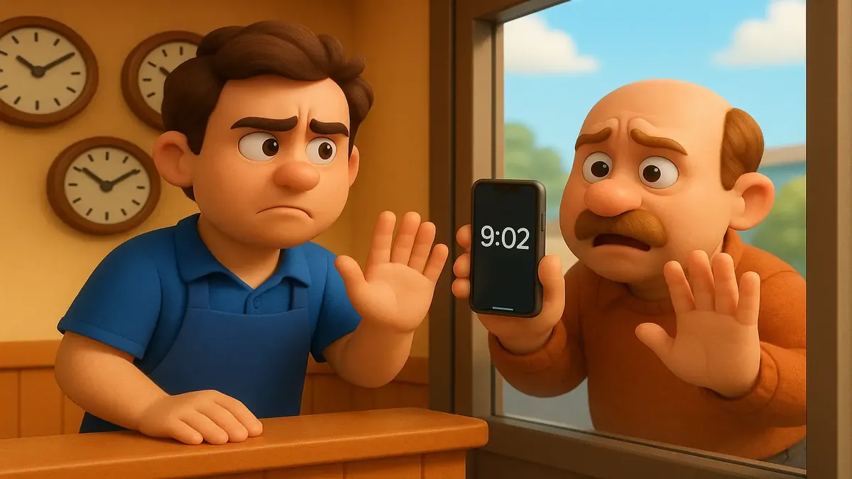 மூடுபனி நேரத்தில் கடை உரிமையாளர் நுழைவுக்கு எதிராக நிற்கும் 3D கார்டூன் படம், நேர மேலாண்மை மற்றும் வாடிக்கையாளர் சேவையை எடுத்துக்காட்டுகிறது.