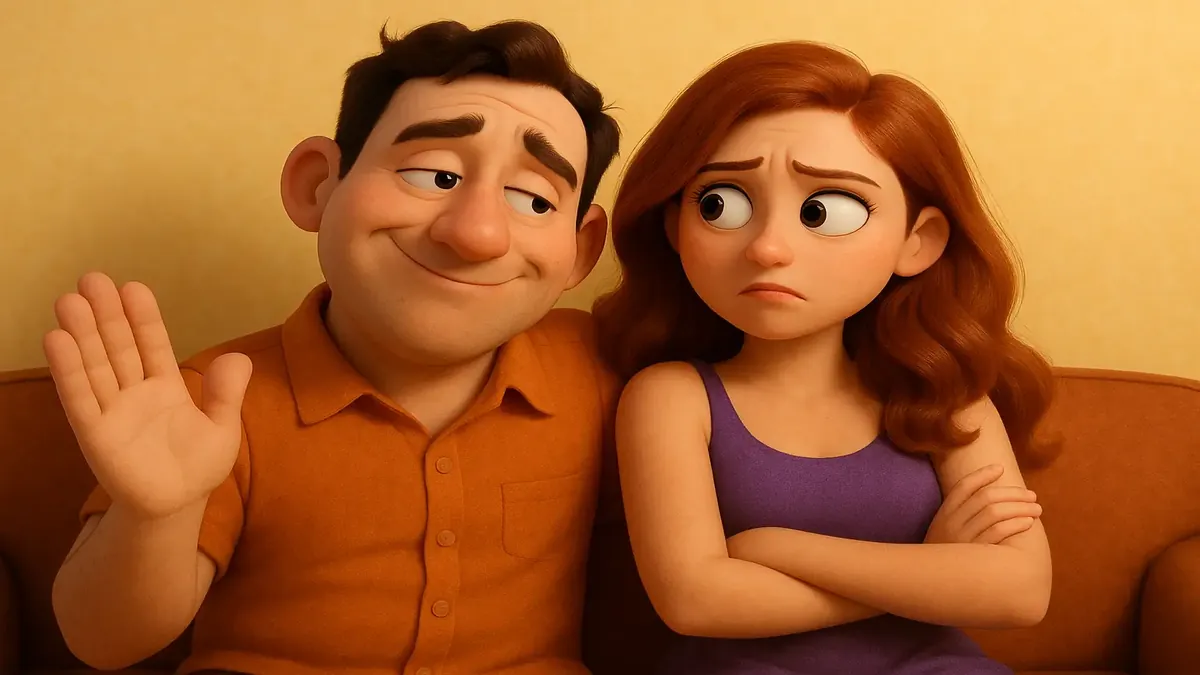 Cartoon 3D illustration of a friendly hotel guest with Madame, reflecting a story of acceptance and infidelity.