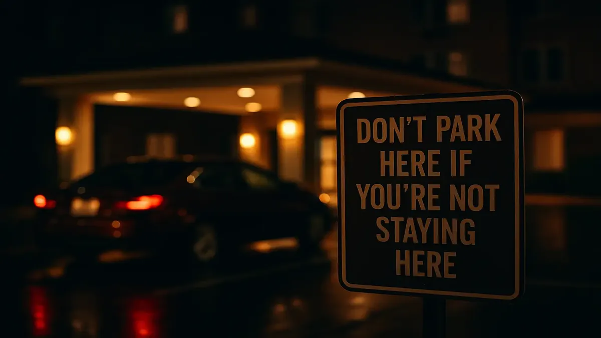 Hotel parking lot crowded with cars on game day, emphasizing the importance of parking rules.