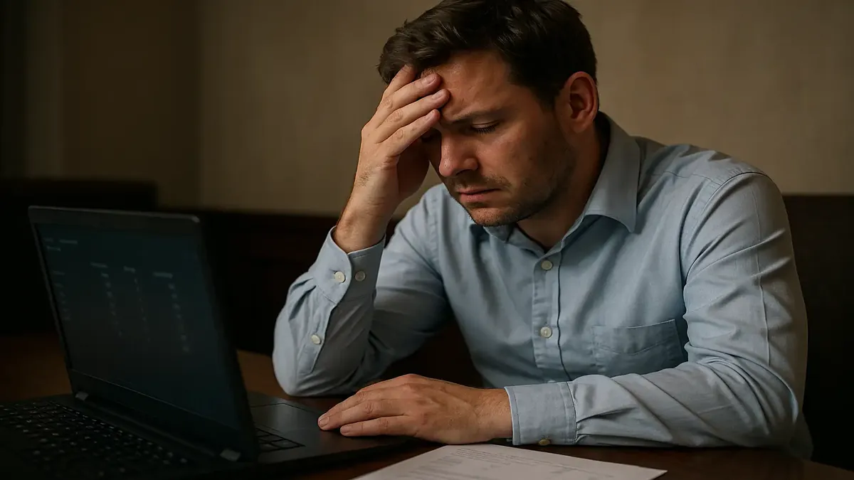 Frustrated person at a check-in desk, reflecting on a misunderstood review experience.