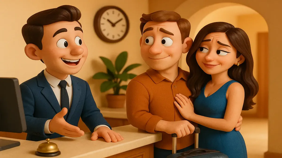 Cartoon-3D illustration of a front desk agent checking in a suspicious couple at a luxury hotel.