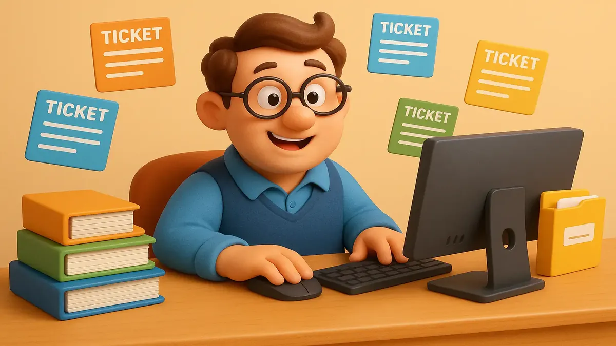 தொழில்நுட்ப சூழலில் துணை அடைவு டிக்கெட்டுகளை கையாளும் ஐடி ஆதரவின் கார்டூன்-3D வடிவம்.