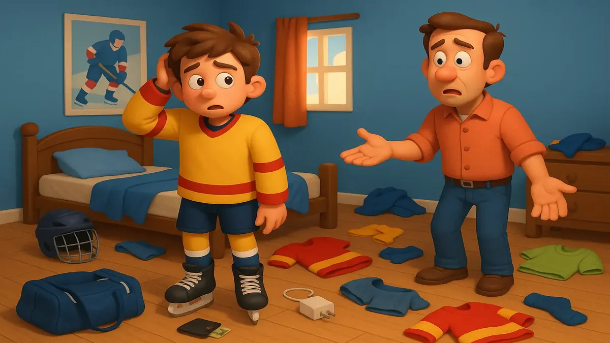 15U hockey team room left behind wallets, chargers, and clothes in a messy cartoon-3D style illustration.