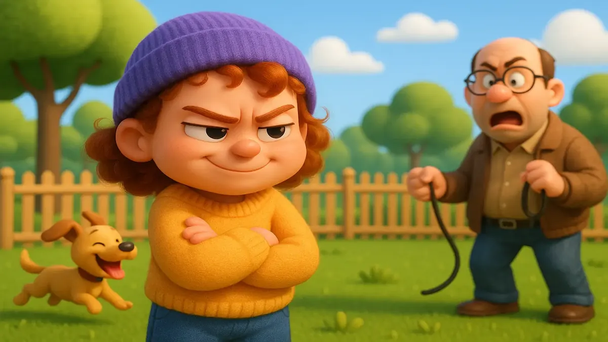 Cartoon-3D illustration of a dog playing in an empty urban park during morning hours.