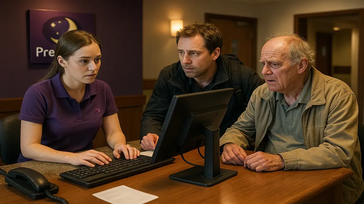 Photorealistic image of a summer job scene at a UK purple brand, capturing the hustle of a busy front desk.