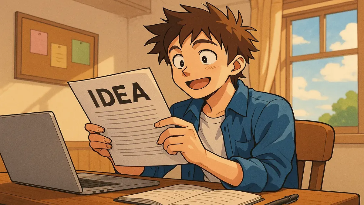 இளைஞன் செல்வம் மற்றும் வெற்றியைப் பற்றிய சிந்தனையில், வாழ்க்கை தேர்வுகளையும் தொழில்முறை பாதைகளையும் பிரதிபலிக்கும் அனிமே சித்திரம்.