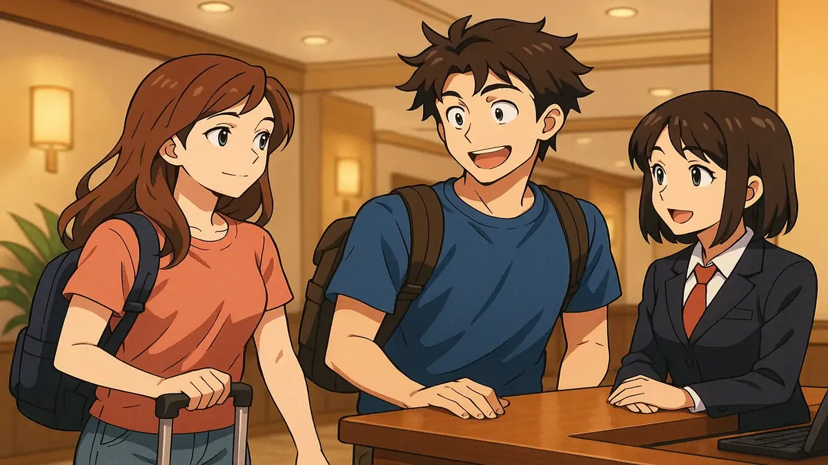 Anime-style illustration of a traveler at a hotel front desk, ready for adventure in New Orleans.