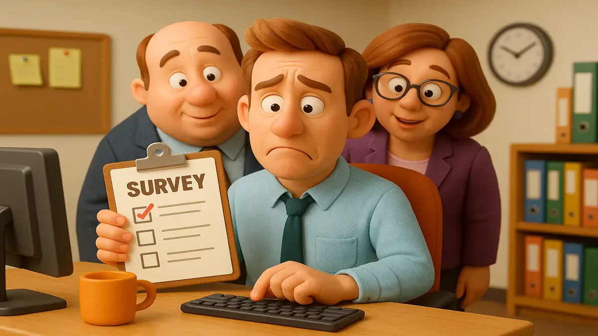 வேலைப்பகுதியில் தொழில்நுட்பத்தின் தாக்கத்தை பிரதிபலிக்கும் பரபரப்பான அலுவலகம் - 3D கார்டூன் வரைபடம்.