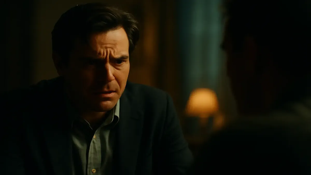 Cinematic scene depicting a person grappling with honesty and deception in a tense conversation.