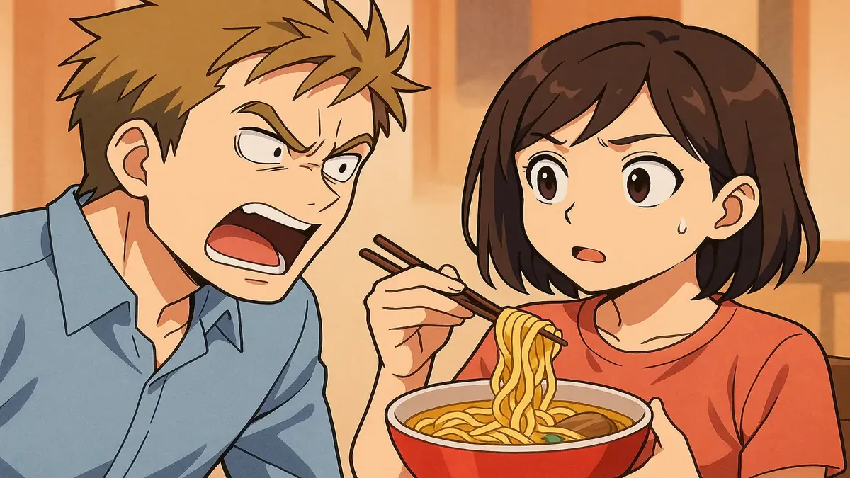 கேவின் ராமென் நூடுல்ஸ் பற்றி கவலைப்படுவதைக் கூறும் அனிமேஷன், நண்பர் நூடுல்ஸ் சாப்பிடுகிறான்.