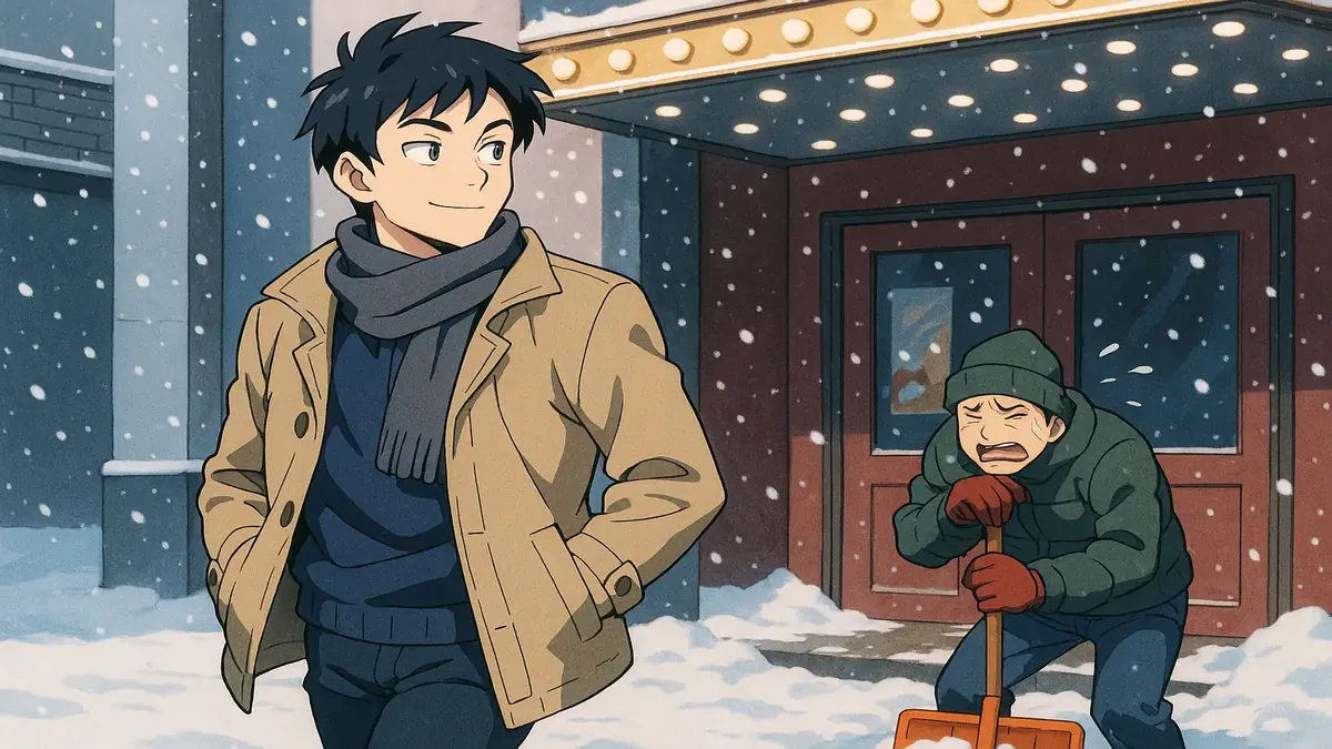 கெவின் 10 டிகிரி குளிரில், அனிமேஷன் முறைப்படி, தேடுதலின் முன் பனியுடன் குழப்பமாக இருக்கிறார்.