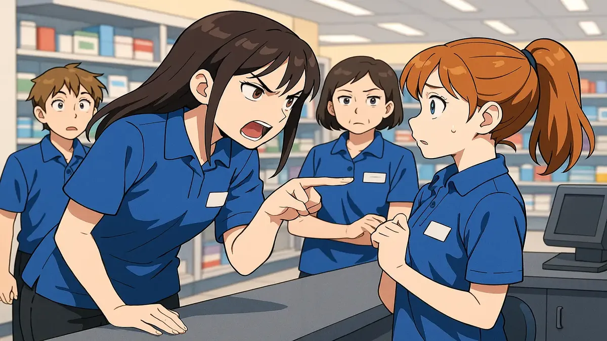 பணியிடம் உள்ள நட்பு பணியாளர்களும் கடுமையான மேலாளருமானவரும் உள்ள அனிமேஷன்-செயல்பாட்டு வரைபடம்.