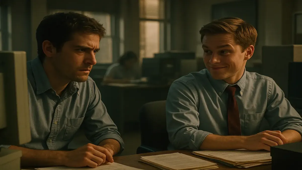 Cinematic scene of a new employee nervously entering a welcoming office environment.