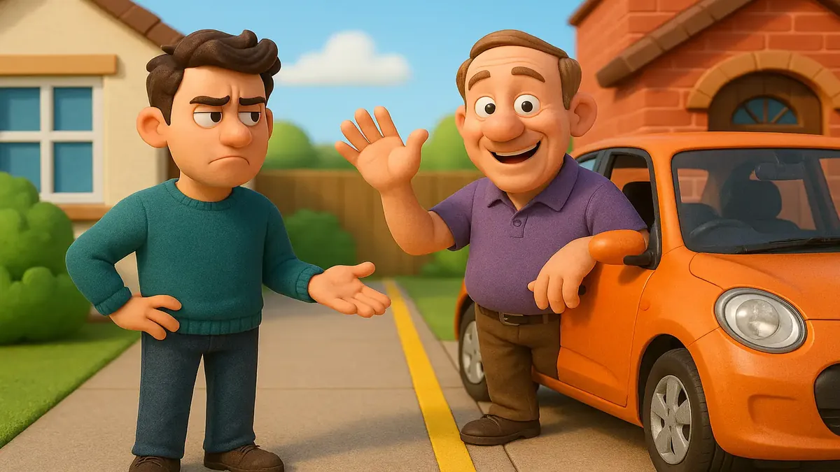 எடின்பர்க் நகரில், ஒரு அக்காம்பாரின் வரி மீது நிறுத்தப்பட்ட கார் உட்பட, டிரைவ்வேயின் 3D கார்டூன் படம்.