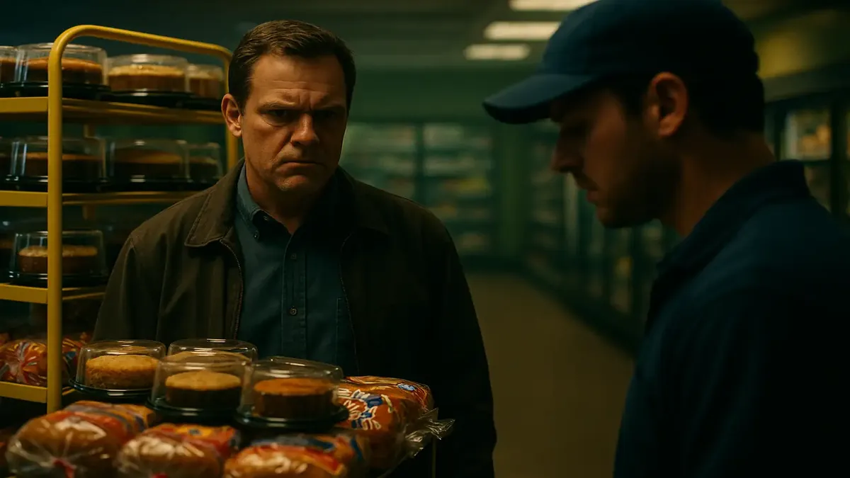 DSD driver arranging cakes on a planagram display in a yellow store, showcasing product presentation.