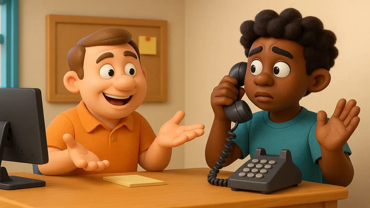 தொலைபேசியில் முன்பதிவு பிரச்சினையை விவாதிக்கும் மேலாளரை காட்சிப்படுத்தும் கார்டூன்-முறையில் 3D வரைபடம்.