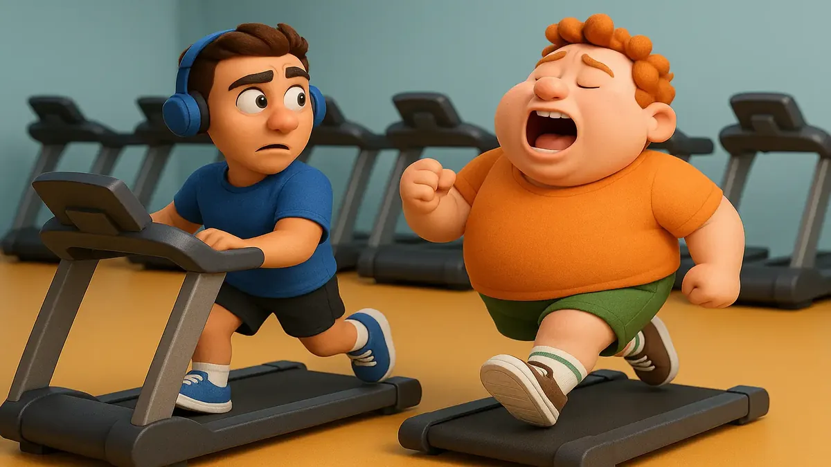 ஜிம் காட்சியில் ஓடிவரும் ஆண் மற்றும் அருகிலுள்ள முற்றிலும் மோசமாகப் பாடும் ஒருவனுடன் கார்டூன் உருவாக்கம்.