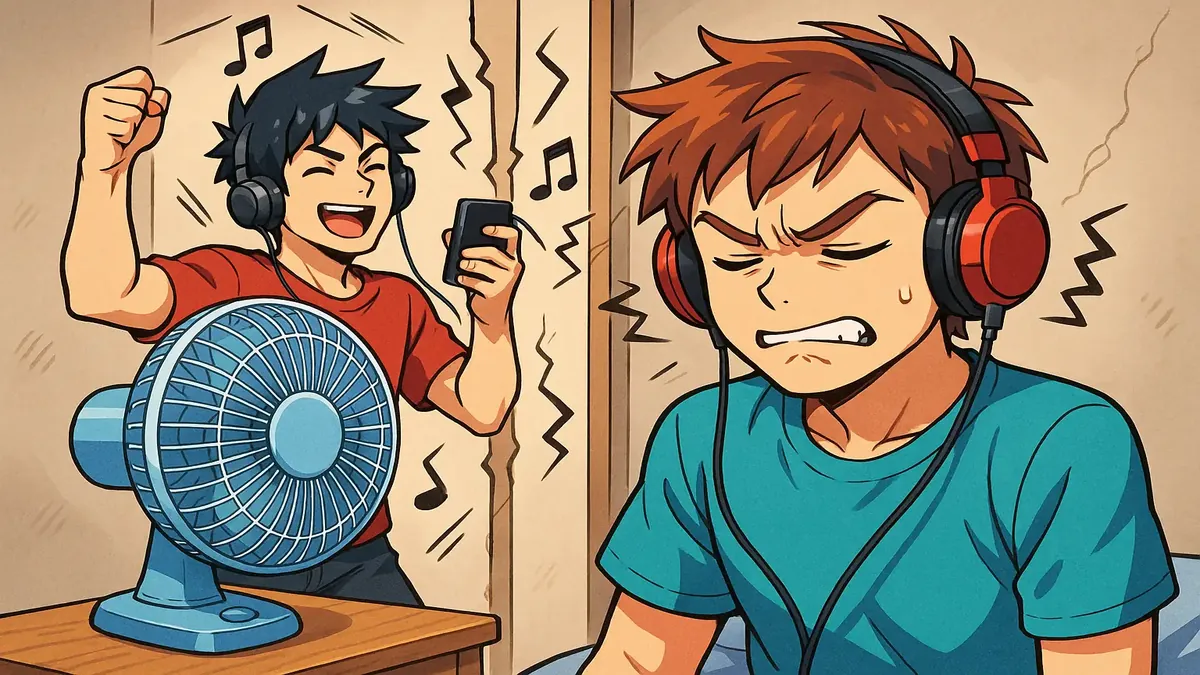 ஓரத்தில் இருந்து ஓசை வரும் போது தூங்க முயற்சிக்கும் மன அழுத்தத்தில் உள்ள நபரின் அனிமே இலஸ்ட்ரேசன்.