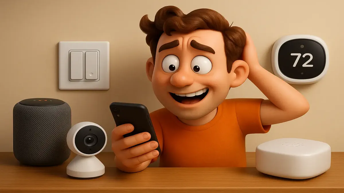 ஸ்மார்ட் ஸ்விட்சுகள் மற்றும் தொழில்நுட்ப சாதனங்கள் கொண்ட ஒரு வசதியான வாழும் இடத்தை காட்டும் கார்டூன் 3D வரைபடம்.