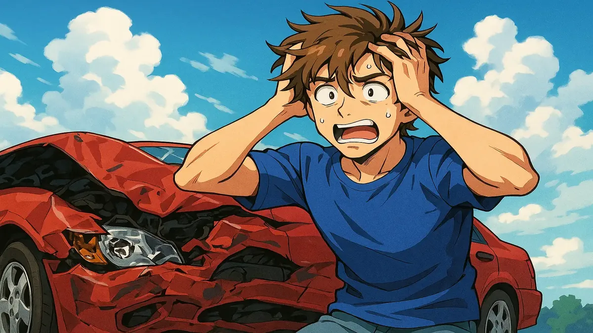 கார் விபத்து கேவின் தனது சேதமான கார் அருகில், விளையாட்டுத் தன்மையை வெளிப்படுத்தும் அனிமே இளக்கலை.