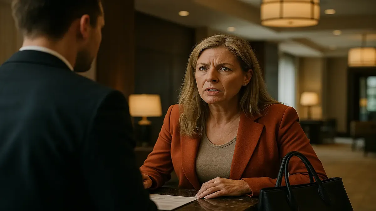 கவலைமிகு வெளியில் ஒரு பெண் ஹோட்டலுக்கு சென்று கொண்டிருக்கிறார், தன்னை உரிமை பெற்றவர் போல உணர்கிறார்.