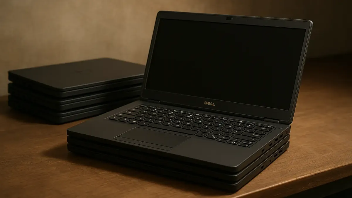 Dell Latitude laptop on a workbench, showcasing a troubleshooting setup for driver issues.