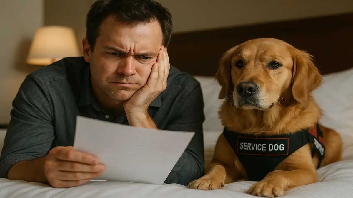 சேவை நாயுடன் உள்ள ஓட்டல் விருந்தினர் பதிவு செய்கிறார், விருந்தினர்களின் அக்கறையின்மையை விளக்குகிறது.