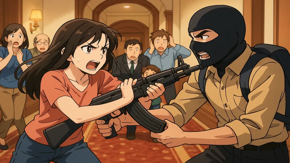 Anime illustration depicting a tense moment during the Taj Mahal Palace Hotel attack, highlighting chaos and fear.
