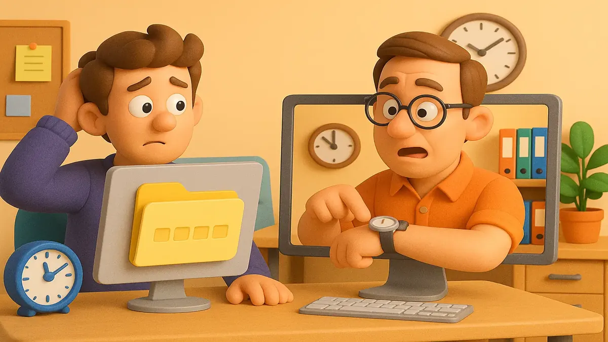 Cartoon-3D illustration of a frustrated employee waiting for a code from a distant department, highlighting time zone challenges.