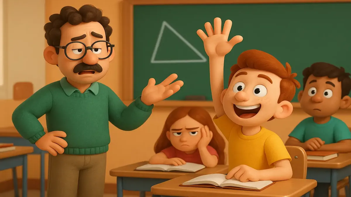 வகுப்பில் கையேந்திய மாணவரின் கார்டூன்-3D அச்சிடுதல், முப்புறங்களைப் பற்றிய அசிங்கமான கேள்வியை கேட்கிறான்.