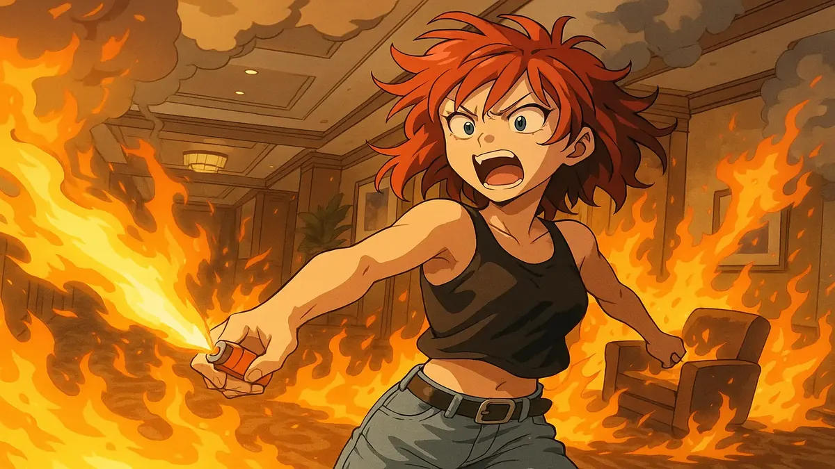 குழப்பமான ஹோட்டல் காட்சியில் ஒரு மர்ம விருந்தினருடன்炎சாமியுள்ள அனிமேஷன் பாணி வரைபடம்.