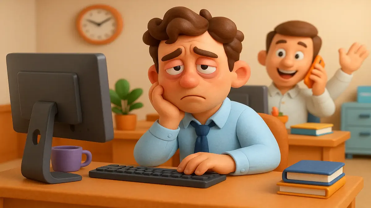 Cartoon-3D depiction of corporate workers overwhelmed by overtime policies and lack of coverage.