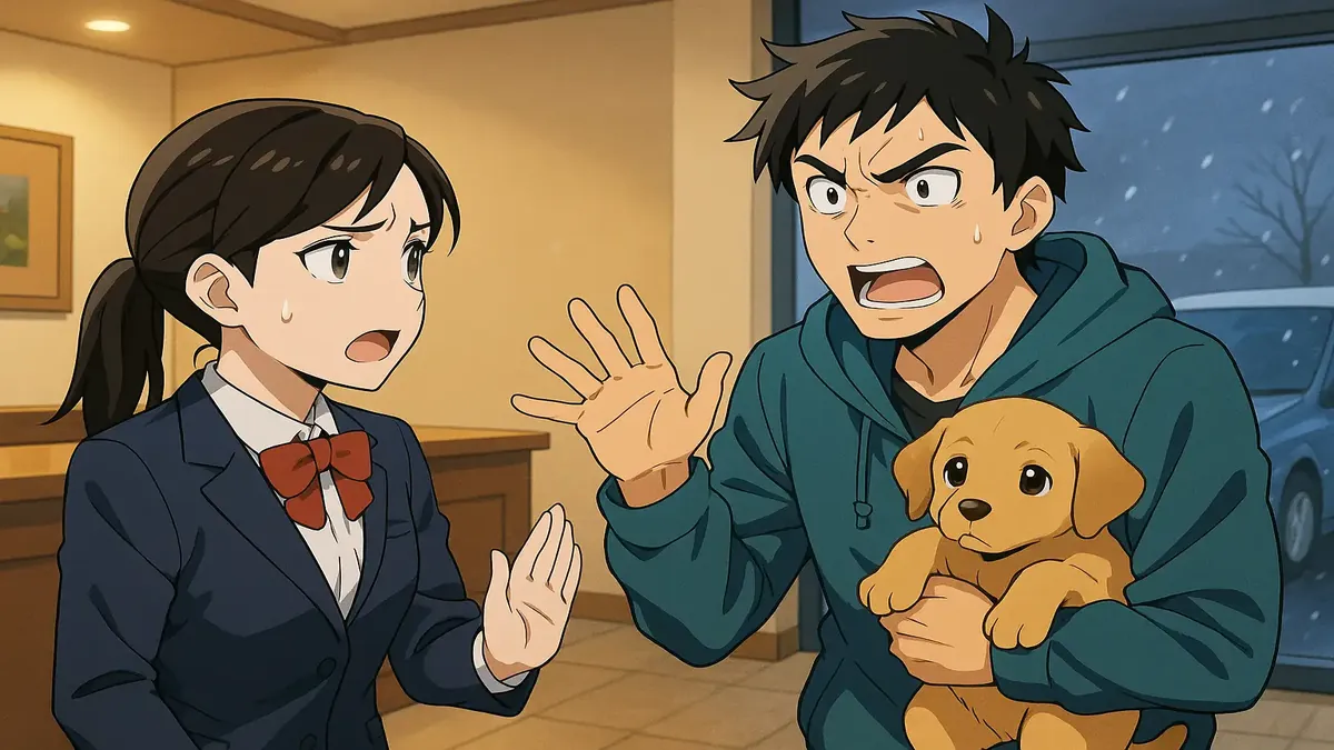 Anime-style illustration of a worried guest with a puppy outside a hotel at 1°C, highlighting pet policy issues.