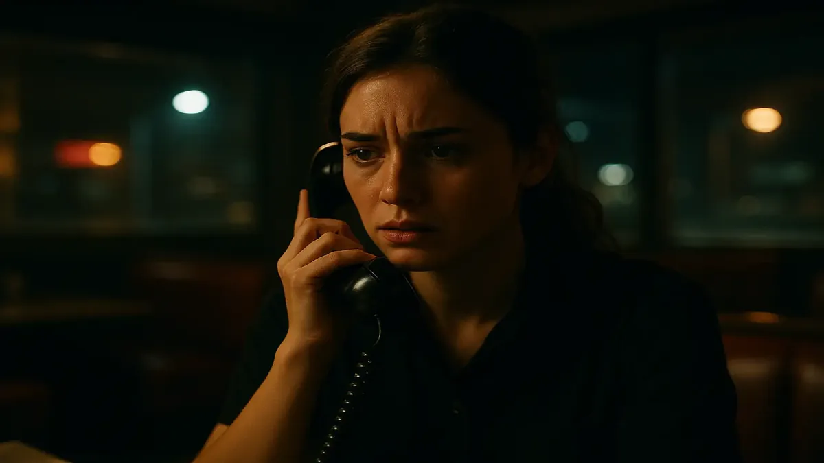 Person looking concerned while on a late-night phone call about a suspicious reservation inquiry.