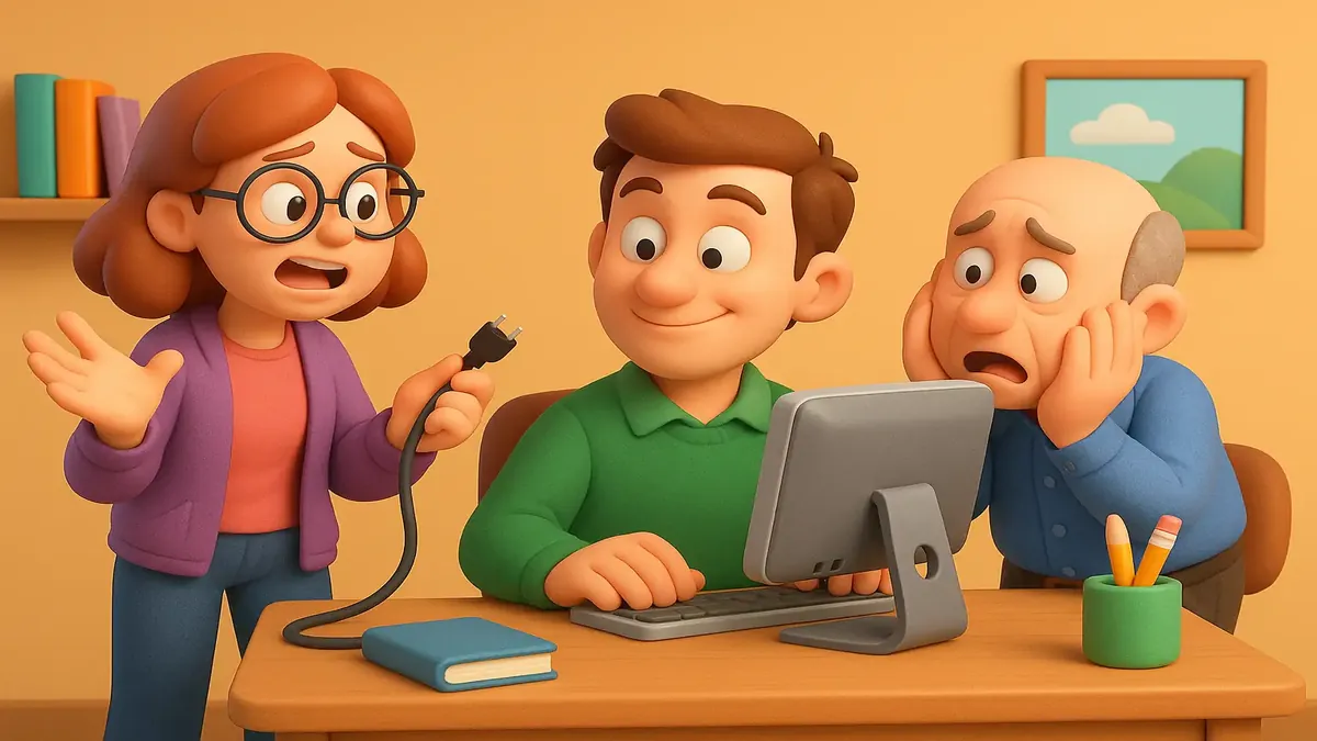 Cartoon-3D illustration depicting a translator juggling IT support tasks with humor and chaos.