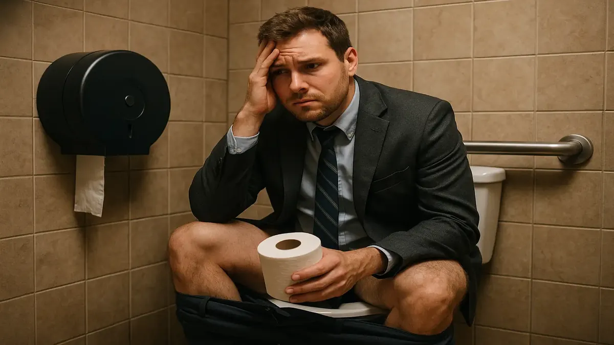 Night Audit shift desk with a tired employee checking in a guest, reflecting a humorous yet challenging work situation.