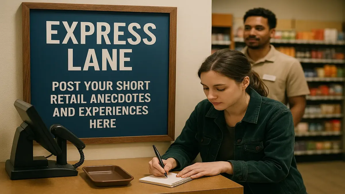 Retail workers sharing stories and experiences in a bustling store environment, highlighting customer interactions.