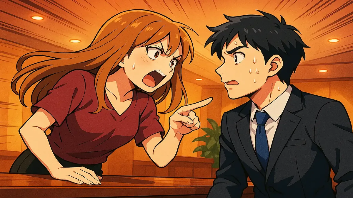 Anime illustration of a frustrated worker facing an entitled customer during a night shift audit.