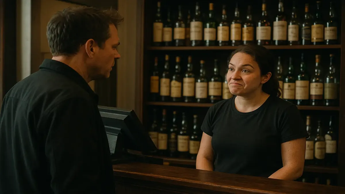 Customer asks for Oban scotch in a small liquor store, highlighting local shopping dynamics.