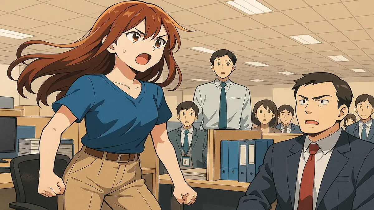 Anime character expressing frustration in a corporate setting, symbolizing workplace dynamics and challenges.