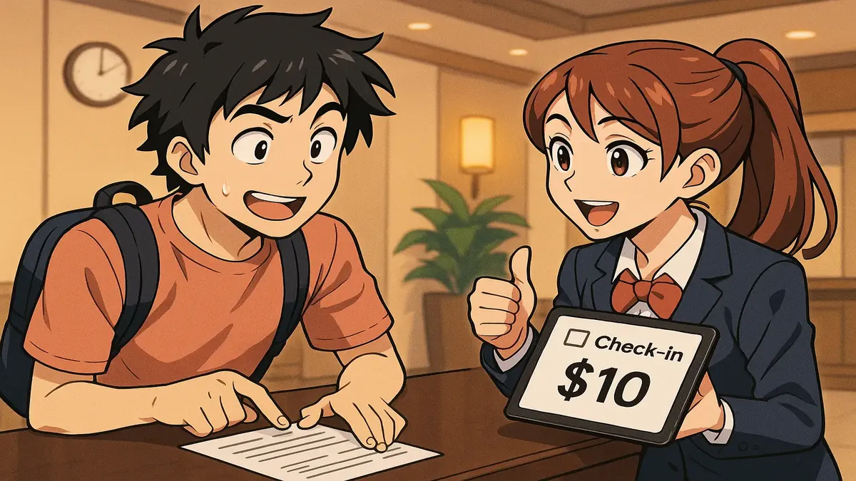 Anime-style illustration of a guest surprised by check-in fees and registration card terms at a hotel.