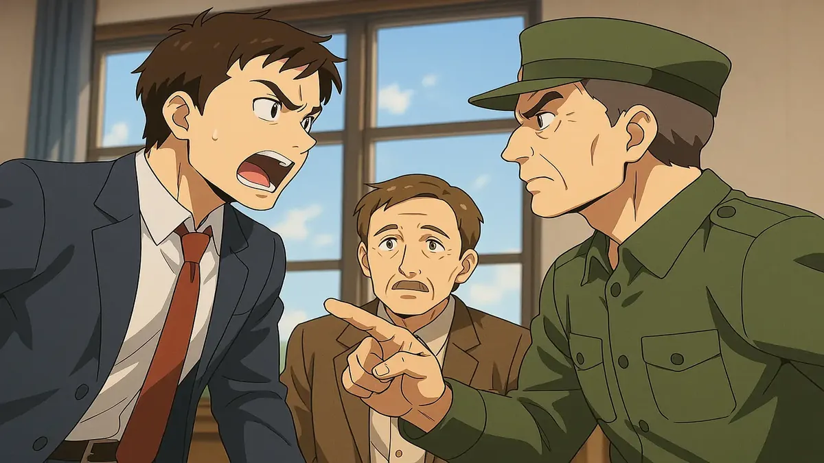 Anime illustration of a father reflecting on military service and family ties at a wedding.