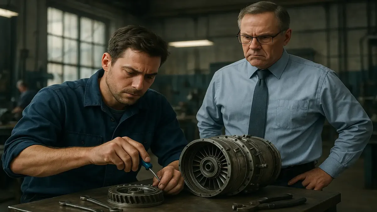 A tense work environment in an FAA repair facility, highlighting control issues and teamwork challenges.