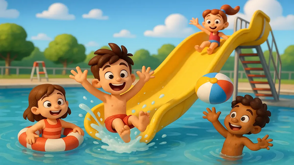 रंग-बिरंगे स्लाइड्स और पूलों के साथ वाटरपार्क में मजेदार दिन मनाते परिवार की कार्टून-3D चित्रण।