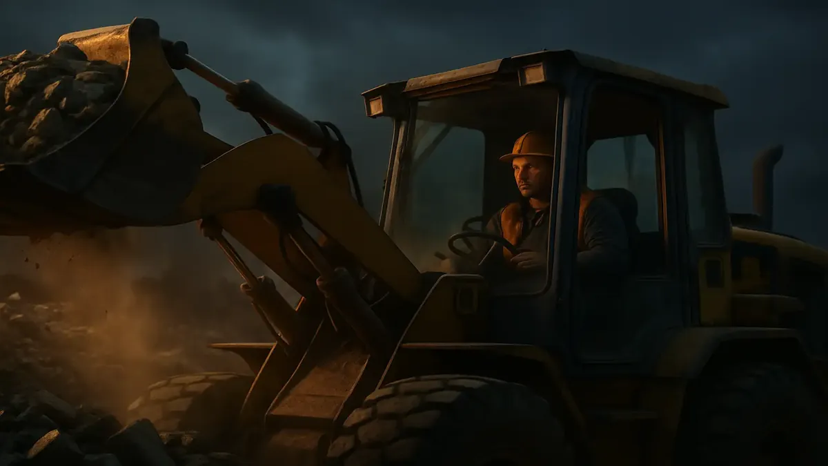 Heavy machinery at an industrial site, showcasing excavators and wheel loaders in action.