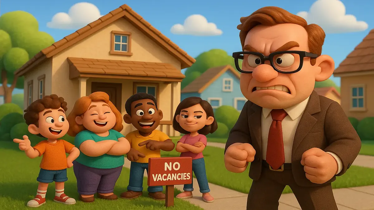 Cartoon-3D illustration of a neighborhood united against a landlord's unfair practices, showcasing community spirit.