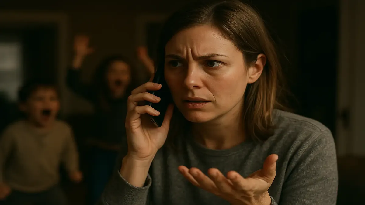 Woman on a chaotic phone call with children in the background, expressing frustration and confusion.
