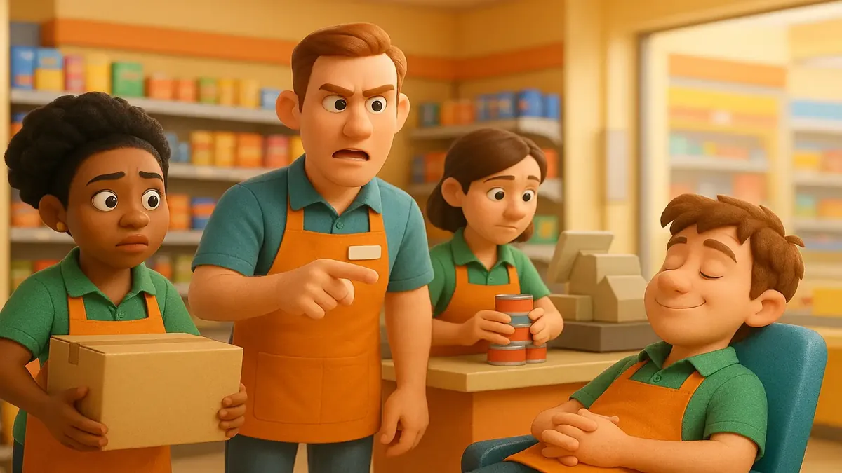 Cartoon 3D scene of busy convenience store staff managing tasks during a hectic shift.