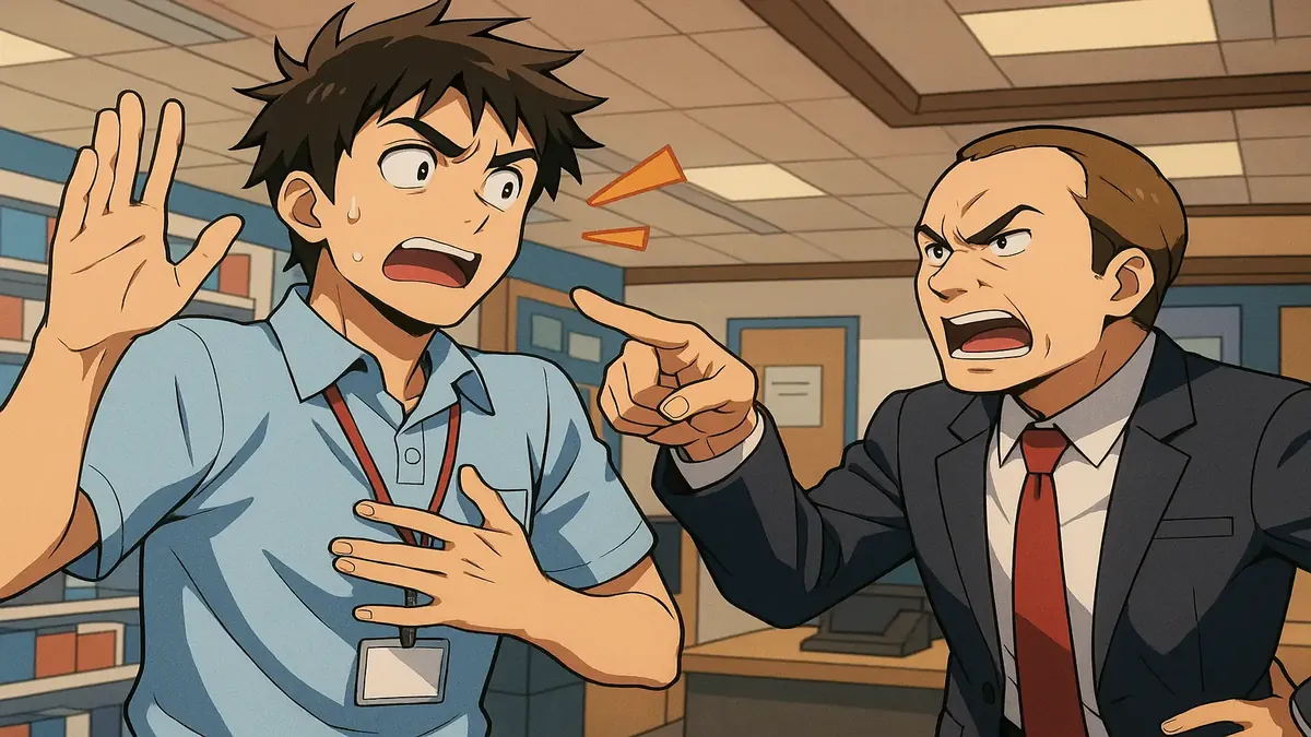 Anime-style illustration depicting a perplexed employee confronting a confusing store policy by their manager.