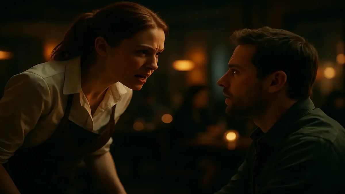 Cinematic scene of a waitress serving customers in a bustling restaurant, reflecting word-of-mouth success.